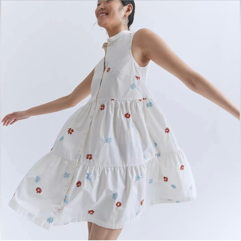 Madewell NWT Daisy Embroidered Banded-Collar Tiered Dress / LARGE / LIGHTHOUSE